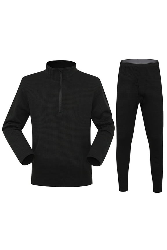 Mens Base Layer Set Seamless Round Neck Solid Color Fleece Base Layer Skiing Winter Warm Top & Bottom Black L