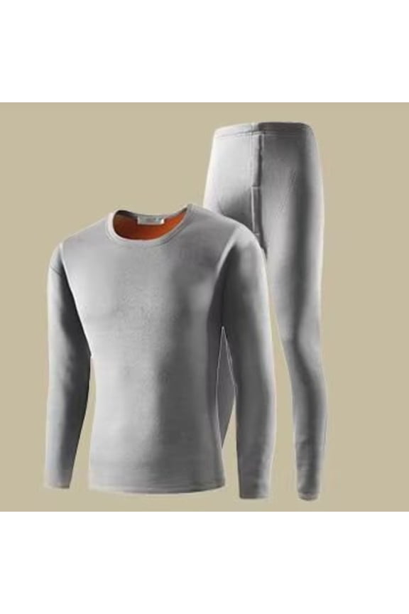 Mens Base Layer Set Seamless Round Neck Solid Color High Elasticity Ski Winter Warm Top and Bottom Sets Gray XXXL