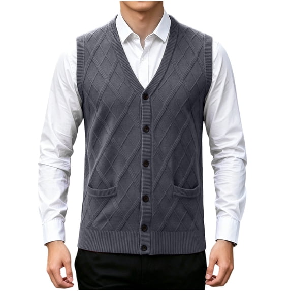 Riecok Mens Button Sweater Vest Sleeveless V Neck Cardigans Lightweight Solid Winter Tops with Pockets Dark Gray 2XL