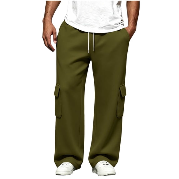 Riecok Mens Cargo Sweatpants with Pockets Open Bottom Elastic Waist Drawstring Pants Pull on Wide Leg Sweat Pant Workout Fall Trouser Army Green M