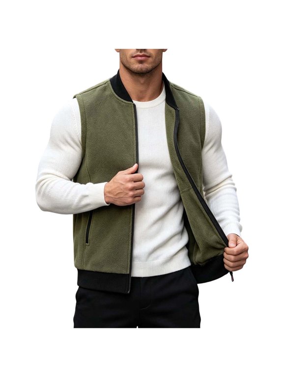 Mens Fleece Vests for Outdoors Sleeveless Stand Collar Zip up Jackets Thermal Solid Warm Casual Outerwear with Pockets Army Green 3XL