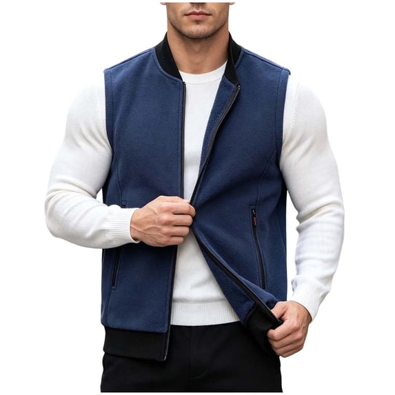 Riecok Mens Fleece Vests for Outdoors Sleeveless Stand Collar Zip up Jackets Thermal Solid Warm Casual Outerwear with Pockets Dark Blue 2XL