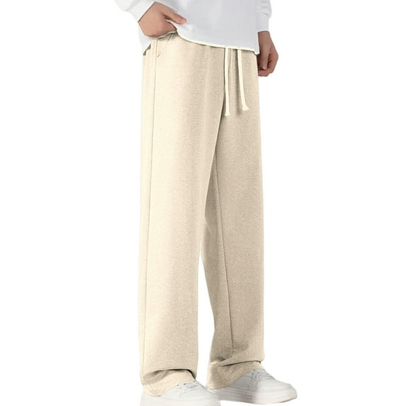 Riecok Mens Full Length Pants Drawstring Elastic Waist Zipper Pockets Pants Solid Athletic Pants Beige L
