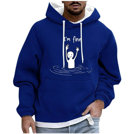 Riecok Mens Hoodies Pullover Drawstring Solid Color Long Sleeve Tops with Pocket Comfortable Hooded Coat Blue L