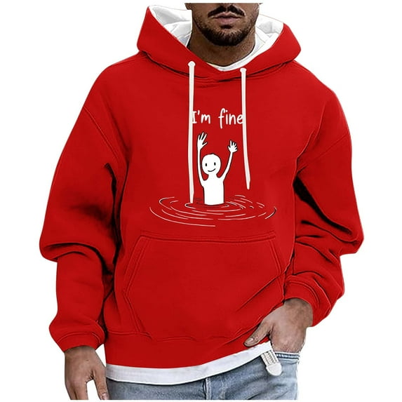 Riecok Mens Hoodies Pullover Drawstring Solid Color Long Sleeve Tops with Pocket Comfortable Hooded Coat Red XL