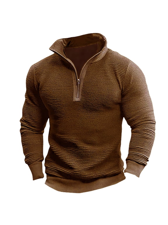 Mens Long Sleeve Work Shirts Stand up Collar Solid Color Half Zipper Comfortable Casual Fashion Mens Tops Brown XL