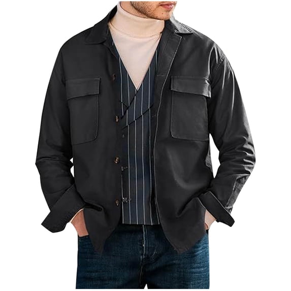 Riecok Mens Shirt Jacket Long Sleeve Collared Solid Color Coat Casual Comfortable Clothes Black S