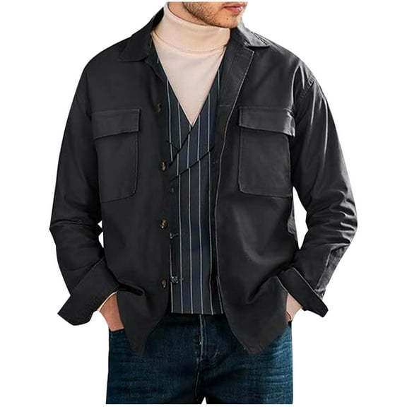 Riecok Mens Shirt Jacket Long Sleeve Collared Solid Color Coat Casual Comfortable Clothes Black XL