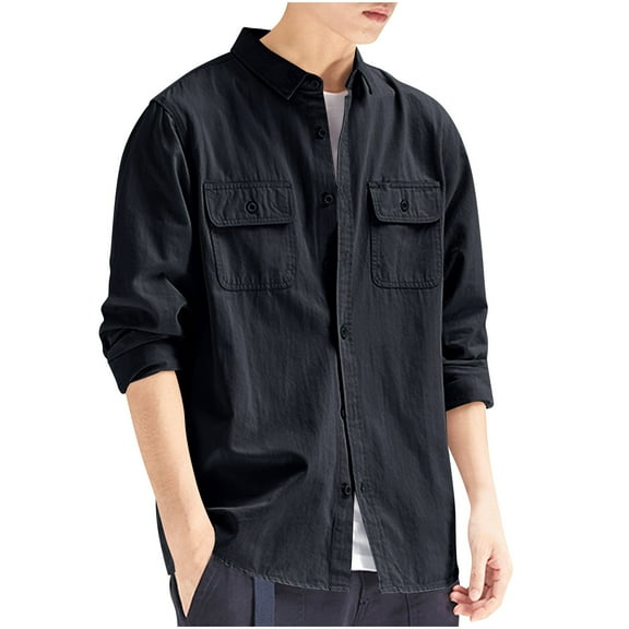 Riecok Mens Shirt Jacket Long Sleeve Collared Solid Color Coat Casual Lightweight Clothes Black M