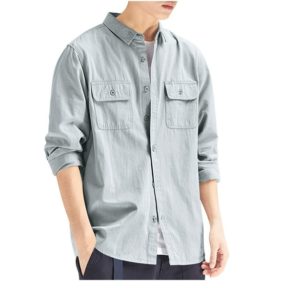Riecok Mens Shirt Jacket Long Sleeve Collared Solid Color Coat Casual Lightweight Clothes Gray L