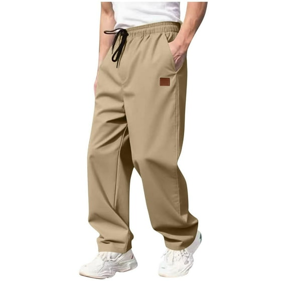 Riecok Mens Sport Pants Drawstring Elastic Waist Baggy Pants Solid Athletic Track Pants Khaki M