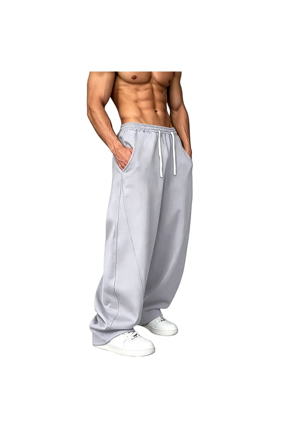 Mens Sweatpants with Pockets Open Bottom Elastic Waist Drawstring Pants Pull on Wide Leg Sweat Pant Loose Fit Fall Trouser Gray XL