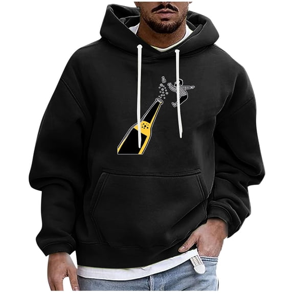 Riecok Mens Sweatshirt Drawstring Beer Printed Long Sleeve Tops with Pocket Stylish Hoodies Black XL