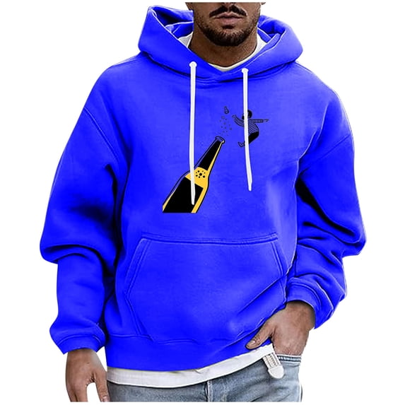 Riecok Mens Sweatshirt Drawstring Beer Printed Long Sleeve Tops with Pocket Stylish Hoodies Blue 2XL