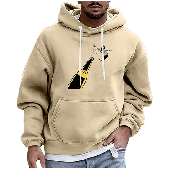 Riecok Mens Sweatshirt Drawstring Beer Printed Long Sleeve Tops with Pocket Stylish Hoodies Khaki 2XL