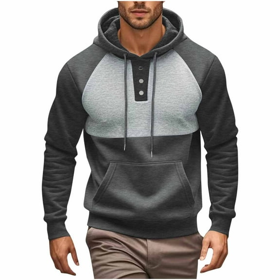 Riecok Mens Sweatshirt Drawstring Color Block Long Sleeve Tops with Pocket Lightweight Sweat Shirts Gray M