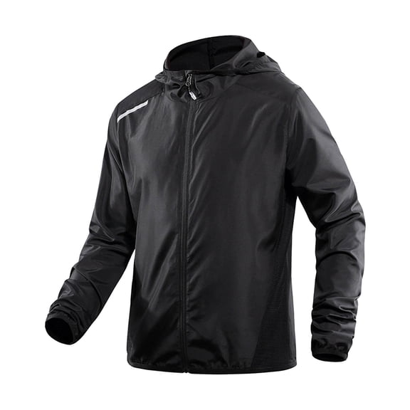 Riecok Mens Windbreaker Jacket with Hood Long Sleeve Crewneck Zipper Coat Sun Protection Casual Athletic Clothes Black XL