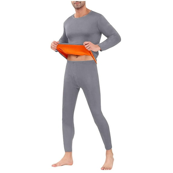 Riecok Mens Winter Thermal Underwear Seamless Round Neck Solid Color Golden Velvet Thicken Cold Winter Warm Couple Suits Gray XL