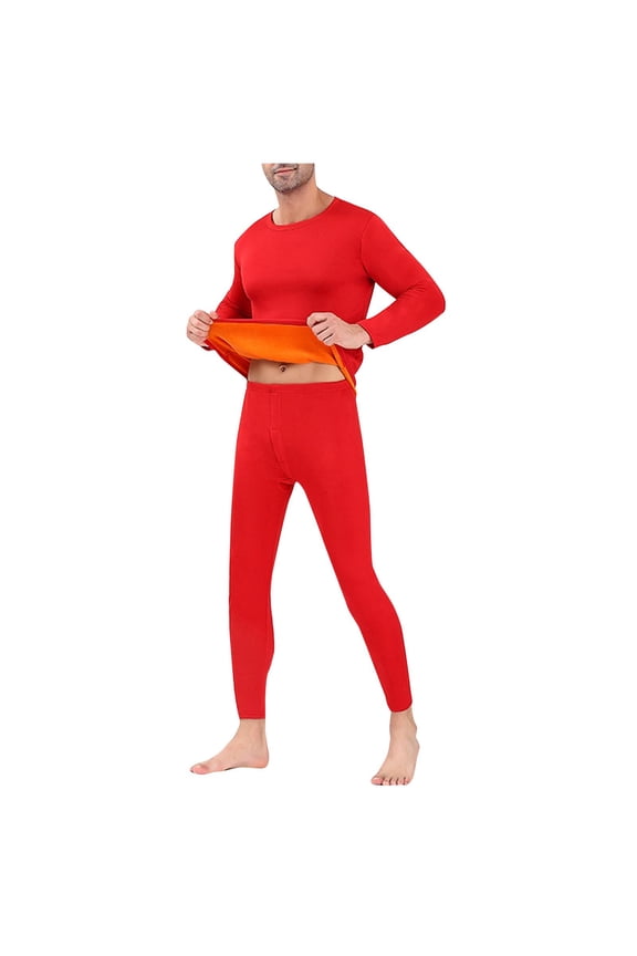 Mens Winter Thermal Underwear Seamless Round Neck Solid Color Golden Velvet Thicken Cold Winter Warm Couple Suits Red XL