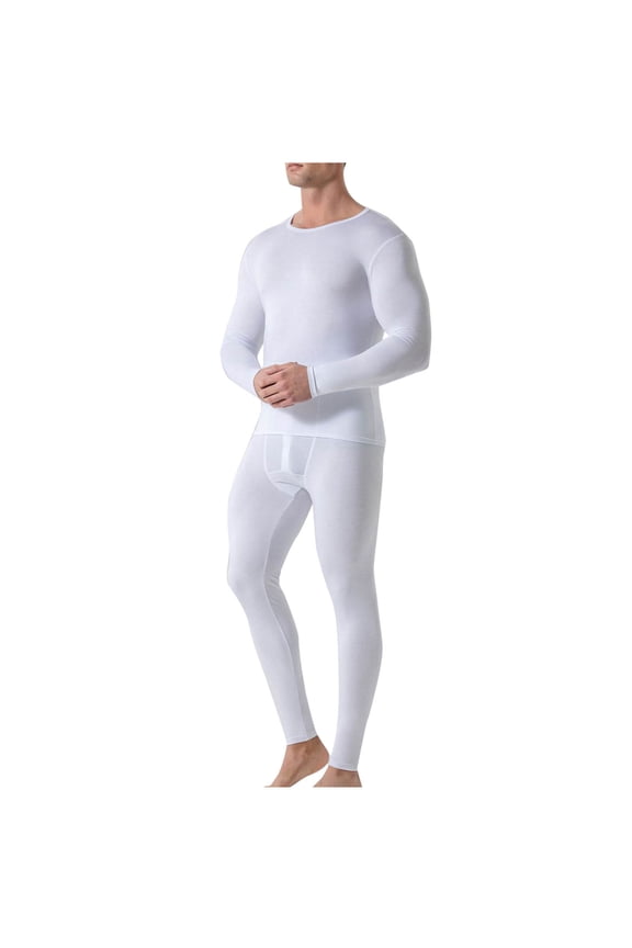 Mens Winter Thermal Underwear Seamless Round Neck Solid Color High Elasticity Base Layer Long Johns Underwear White XXXXL