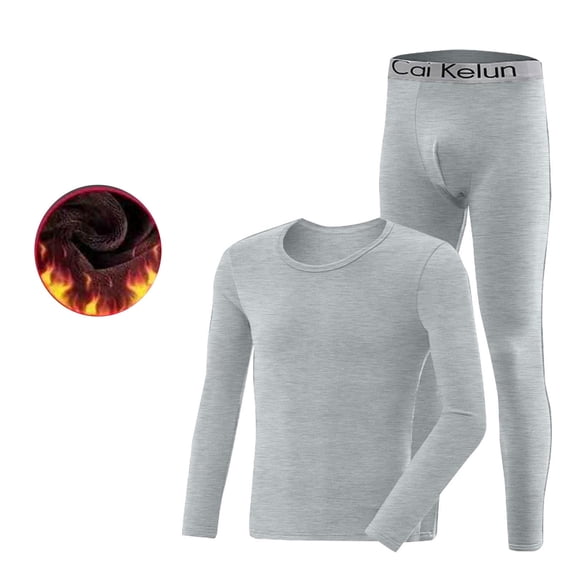 Riecok Mens Winter Thermal Underwear Seamless Round Neck Solid Color High Elasticity Keep Warml Thermal Underwear Sets Gray XXXL