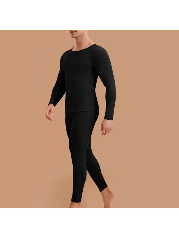 Mens Winter Thermal Underwear Silk Round Neck Solid Color High Elasticity Warm and Thick Velvet Home Clothes Black XL