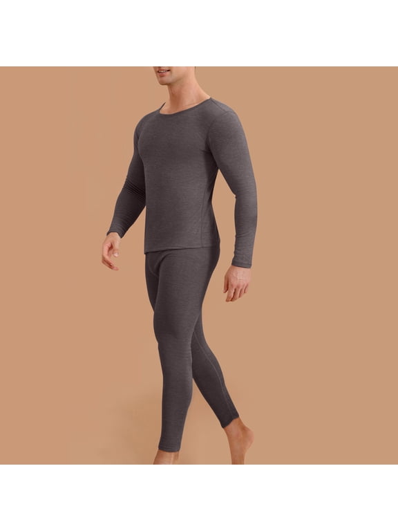 Mens Winter Thermal Underwear Silk Round Neck Solid Color High Elasticity Warm and Thick Velvet Home Clothes Gray L