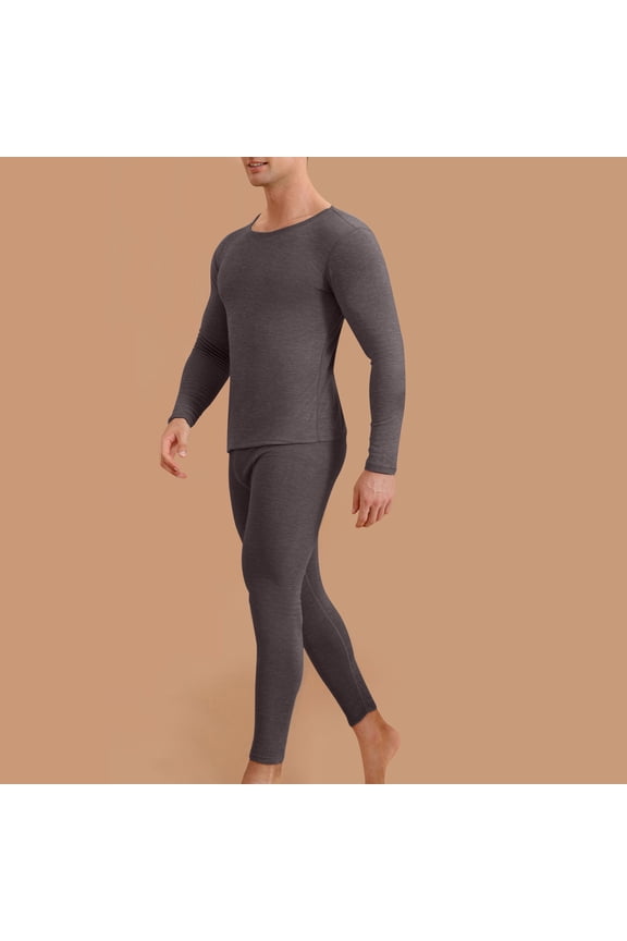 Mens Winter Thermal Underwear Silk Round Neck Solid Color High Elasticity Warm and Thick Velvet Home Clothes Gray L
