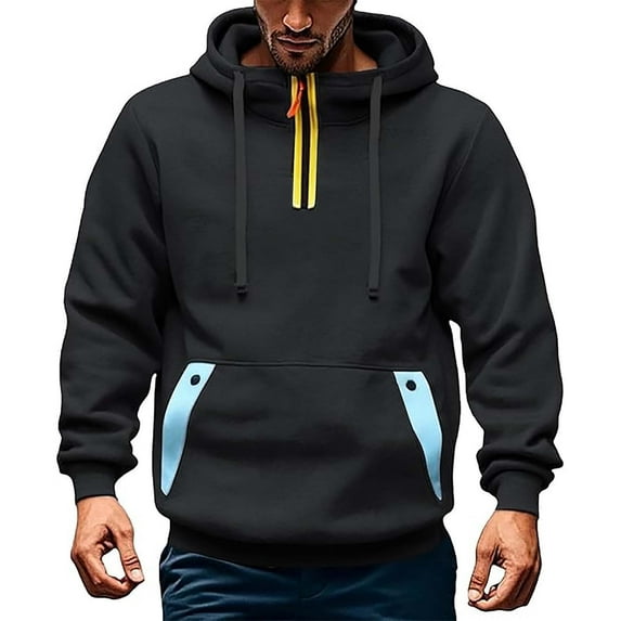Riecok Mens Zip up Hoodie Drawstring Color Block Long Sleeve Tops with Pocket Comfortable Hooded Coat Black 2XL