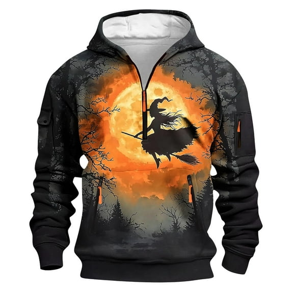 Riecok Mens Zip up Hoodie Pullover Halloween Printed Long Sleeve Tops with Pocket Lightweight Sweat Shirts Gray 4XL