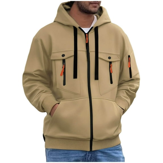 Riecok Mens Zip up Jacket with Hood Long Sleeve Solid Color Cardigan with Multiple Pockets Stylish Clothes for Outdoor Sports