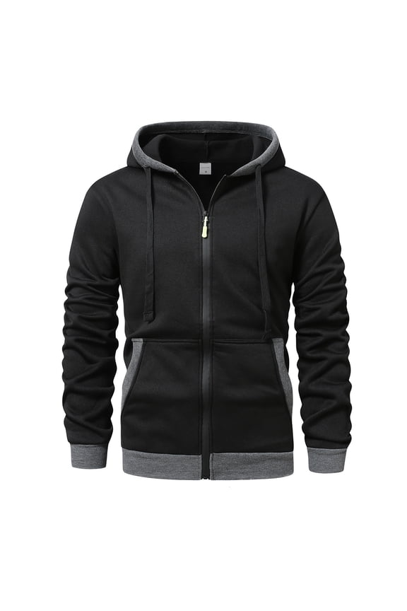 Mens Zipper Hoodie Jacket Drawstring Solid Color Long Sleeve Tops with Pocket Casual Comfortable Coat Black 2XL