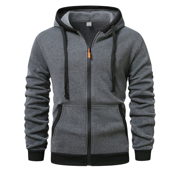 Riecok Mens Zipper Hoodie Jacket Drawstring Solid Color Long Sleeve Tops with Pocket Casual Comfortable Coat Dark Gray M