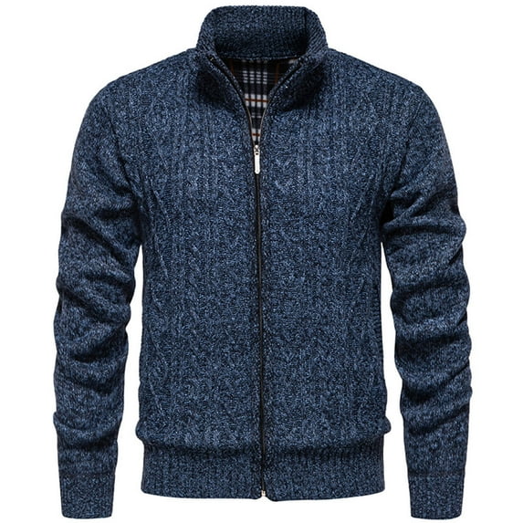 Riecok Mens Zipper Sweater Jacket Long Sleeve Mock Neck Solid Color Coat Knitted Outdoors Warm Clothes Dark Blue XL