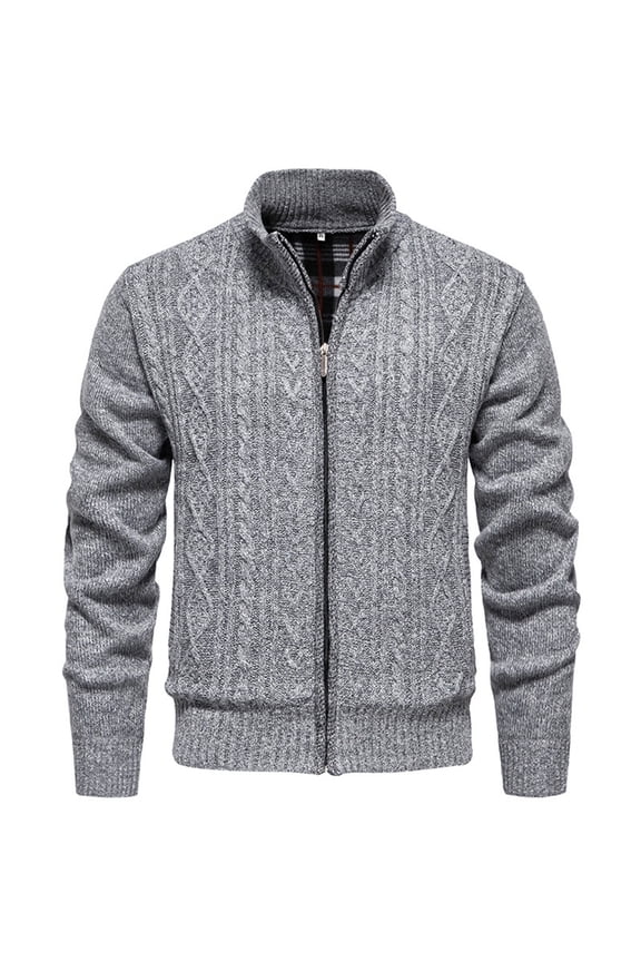 Mens Zipper Sweater Jacket Long Sleeve Mock Neck Solid Color Coat Knitted Outdoors Warm Clothes Gray 3XL