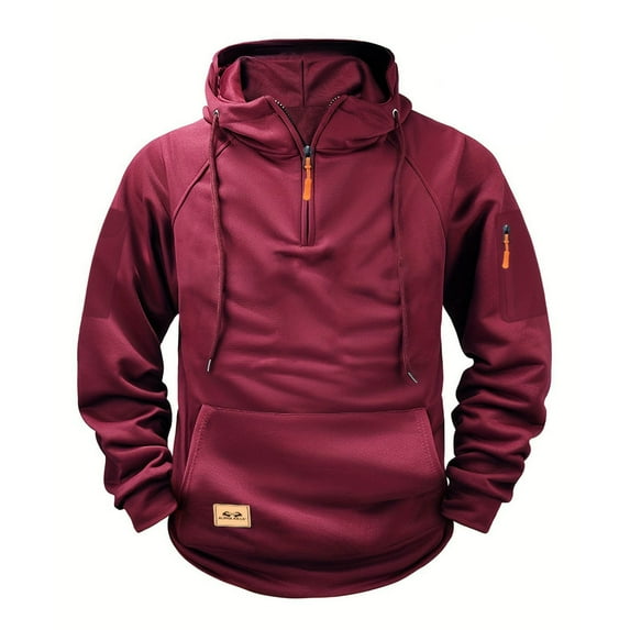 Riecok Mens Zippered Sweatshirt Hoodie Drawstring Solid Color Long Sleeve Tops with Pocket Casual Comfortable Coat Wine XL