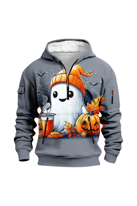 Mens Zippered Sweatshirt Jacket Pullover Halloween Ghost Printed Long Sleeve Tops with Pocket Stylish Hoodies Gray S