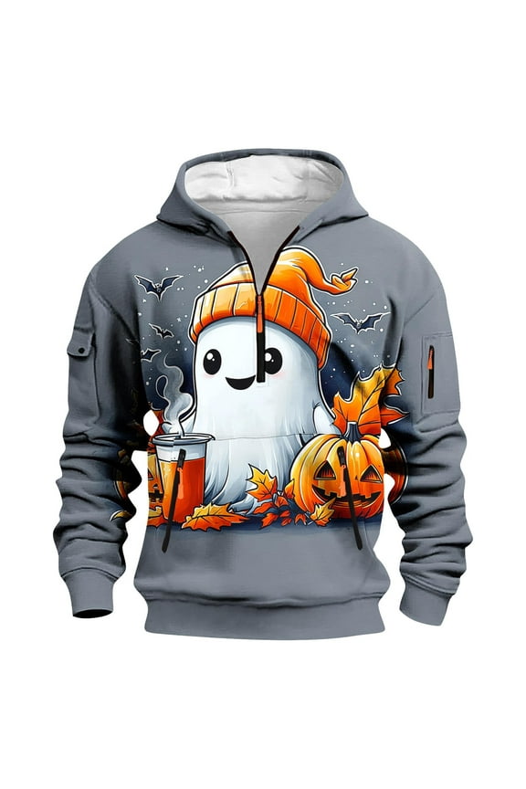 Mens Zippered Sweatshirt Jacket Pullover Halloween Ghost Printed Long Sleeve Tops with Pocket Stylish Hoodies Gray XL