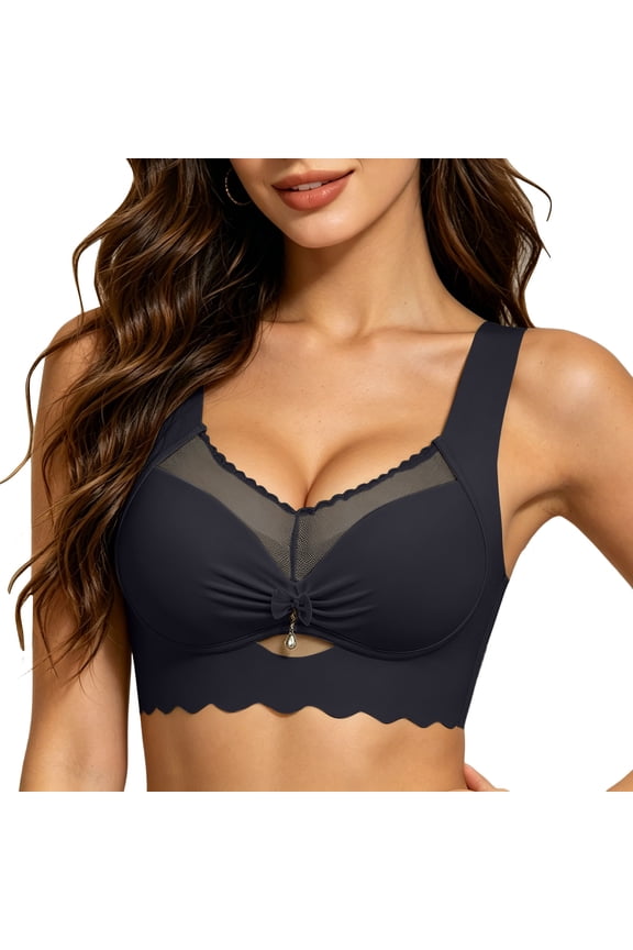 Mesh Bras for Women Push up Bra Supportive Bow Decorated Full Coverage Wide Straps Everyday Bras Black 2XL