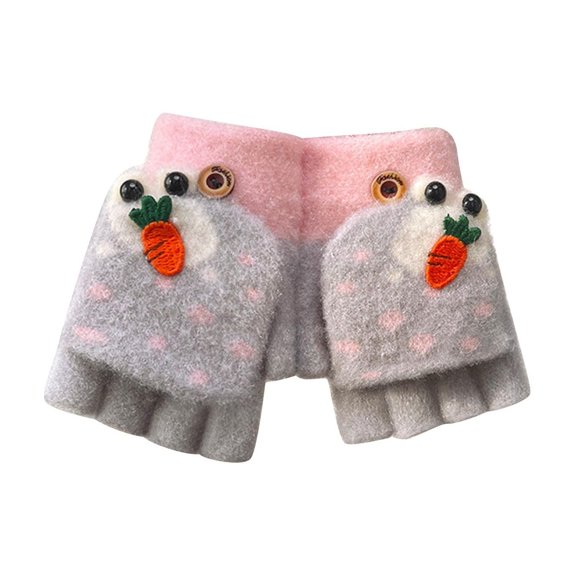 Riecok Mittens for Children Stretch Block Convertible Flip Top Cute Print Cold Weather Warm Knitted Gloves Gray Free Size