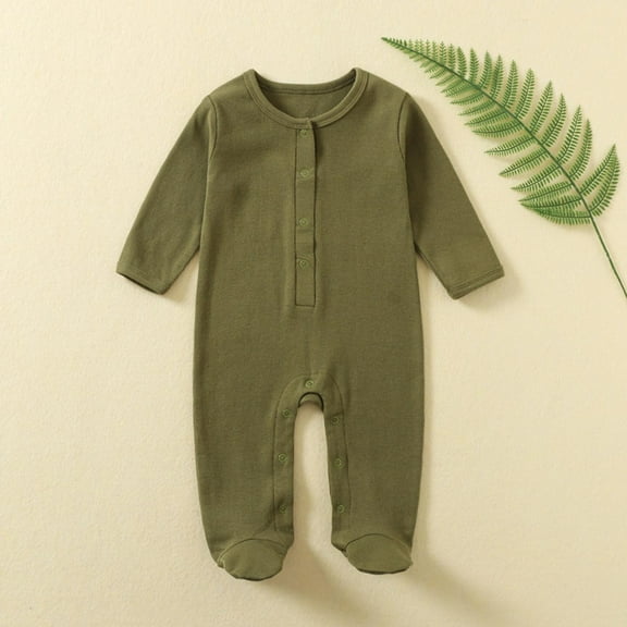Riecok Newborn Baby Boys Girls Rompers Long Sleeve Round Neck Solid Color Onesie Newborn Baby Cotton Onesie Army Green 90