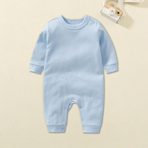 Riecok Newborn Baby Boys Girls Rompers Long Sleeve Round Neck Solid Color Onesie Newborn Baby Cotton Onesie Blue 9 Months