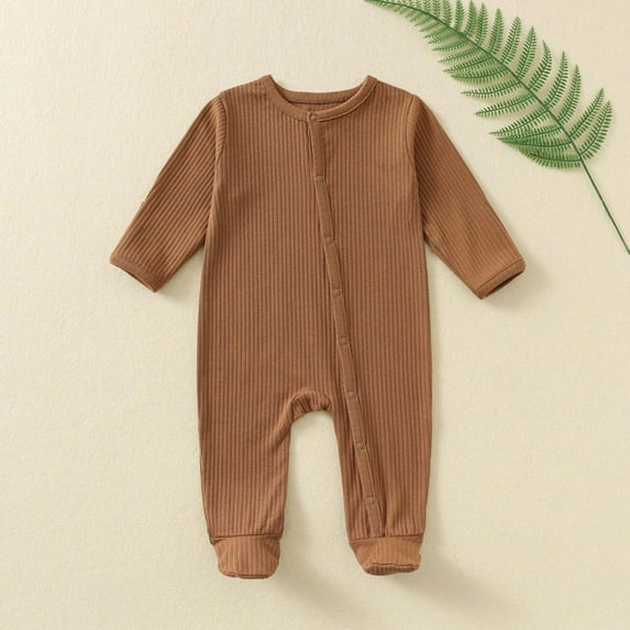 Riecok Newborn Baby Boys Girls Rompers Long Sleeve Round Neck Solid Color Onesie Newborn Baby Cotton Onesie Coffee 6 Months