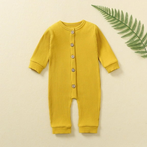 Riecok Newborn Baby Boys Girls Rompers Long Sleeve Round Neck Solid Color Onesie Newborn Baby Cotton Onesie Yellow 6 Months
