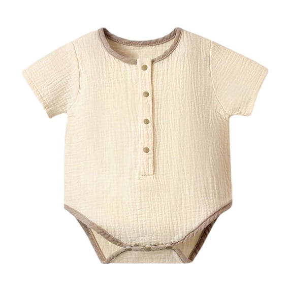 Riecok Newborn Girl Bodysuits Short Sleeve Button dowm Cotton Rompers Solid Breathable Comfortable Summer Outfits Beige 80