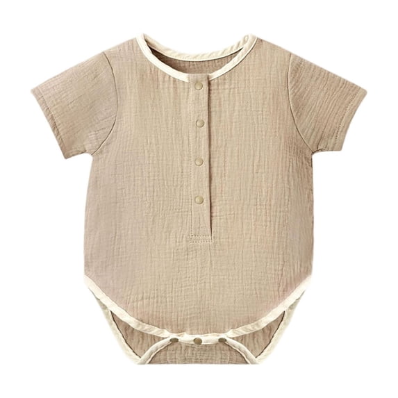 Riecok Newborn Girl Bodysuits Short Sleeve Button dowm Cotton Rompers Solid Breathable Comfortable Summer Outfits Coffee 80