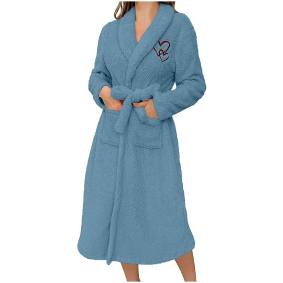 Riecok Robes for Women Flannel Solid Color Long Sleeve Bathrobes Soft Warm Sleepwear with Pockets and Tie Closure