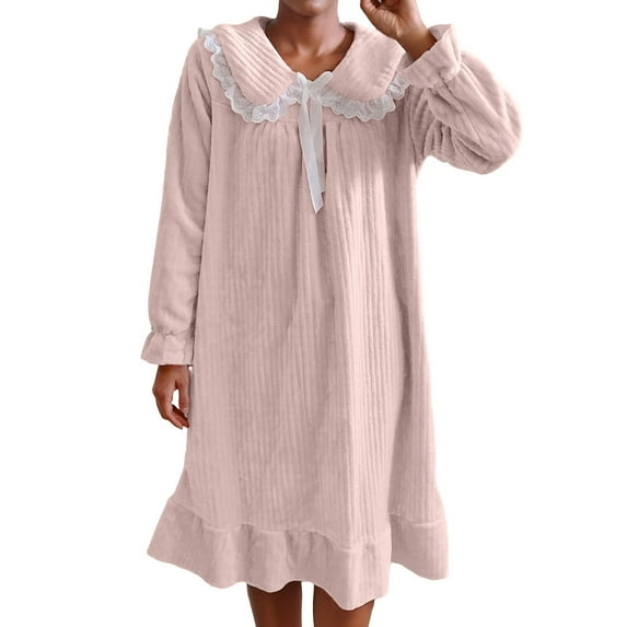 Riecok Nightgowns for Women Flannel Solid Color Soft Warm Long Sleeve Loungewear Lightweight Loose Sleepwear
