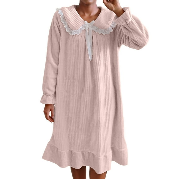 Riecok Nightgowns for Women Flannel Solid Color Soft Warm Long Sleeve Loungewear Lightweight Loose Sleepwear