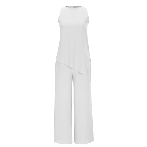 Riecok Outfit Sets for Women Crewneck Sleeveless Pullover Tops and Pant Solid Comfortable Loungewear with Pockets